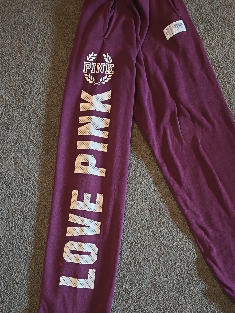 PINK Victoria's Secret Maroon Track Joggers with White Logo